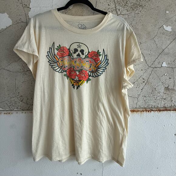 Aerosmith Skull Rose Graphic Band Tee Chaser Cream Vintage Wash Rock T Shirt NWT - Picture 1 of 6